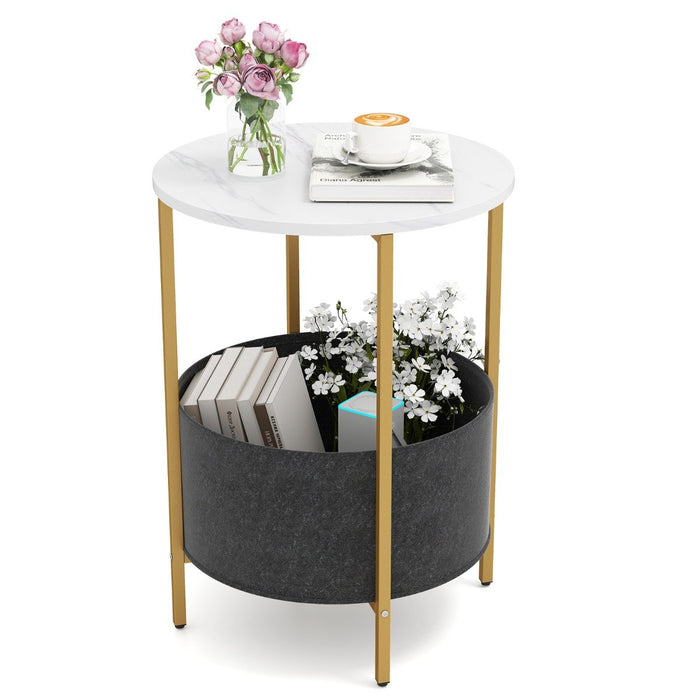 Round End Table for Small Space with Removable Fabric Basket and Metal Frame-White