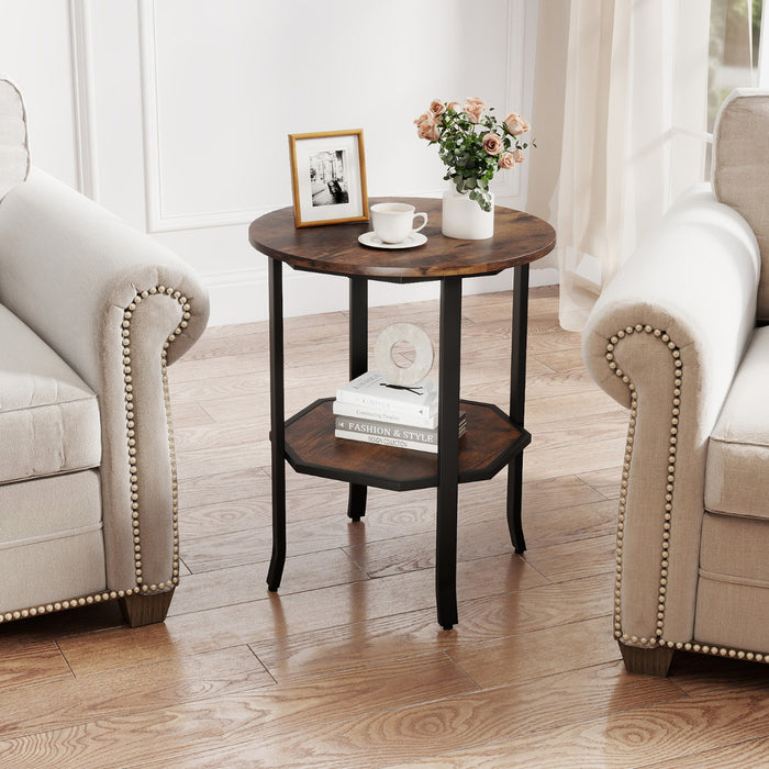 Round Side 2-Tier End Table with Storage Shelf-Black