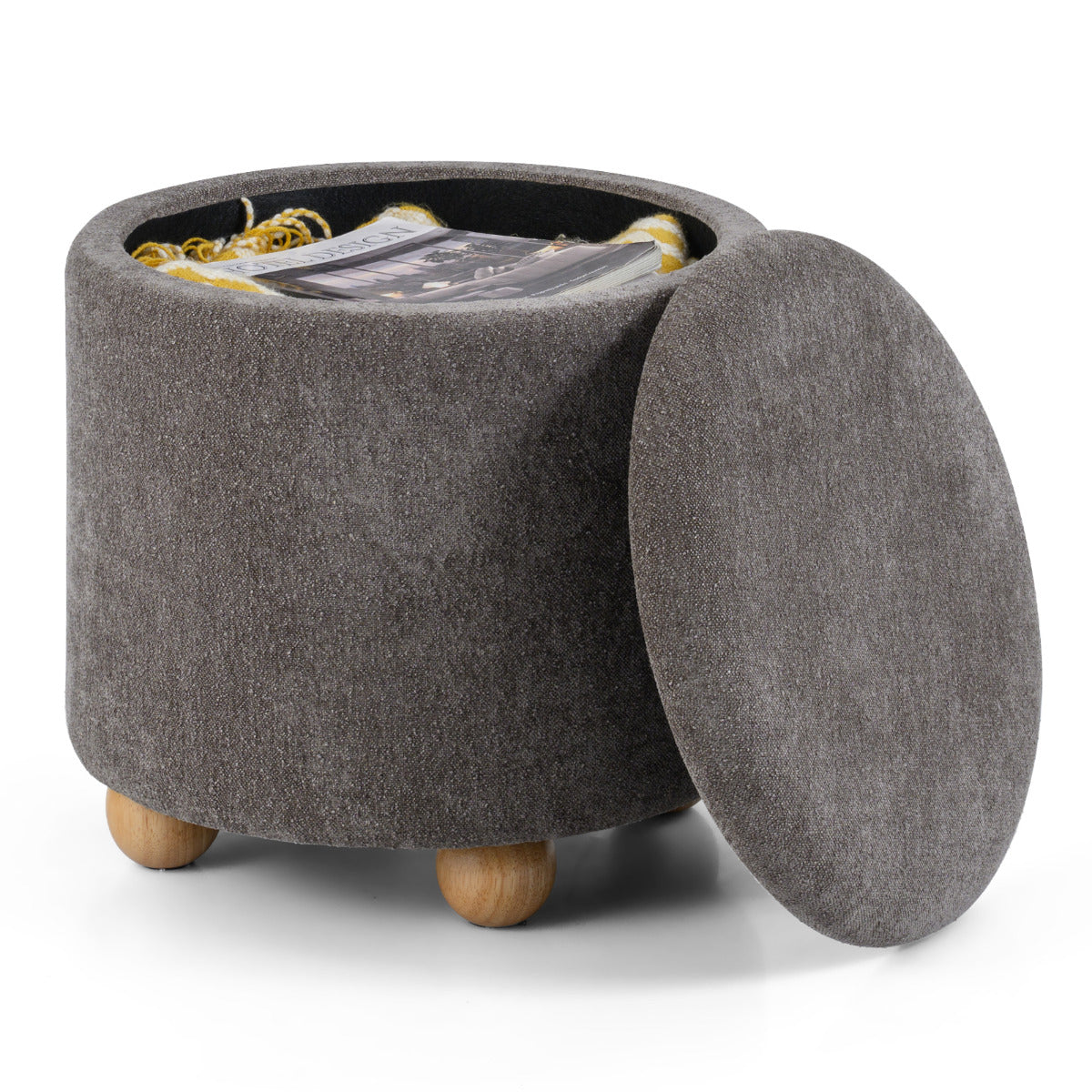 Round Storage Ottoman 45 CM Chenille Fabric Footrest Stool with Removable Lid-