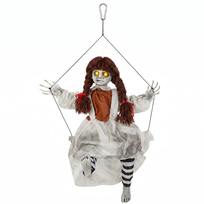 HOMCOM 80 cm Halloween Animated Hanging Creepy Girl on Swing Decoration, Kicking Legs, Sound and Touch Activated