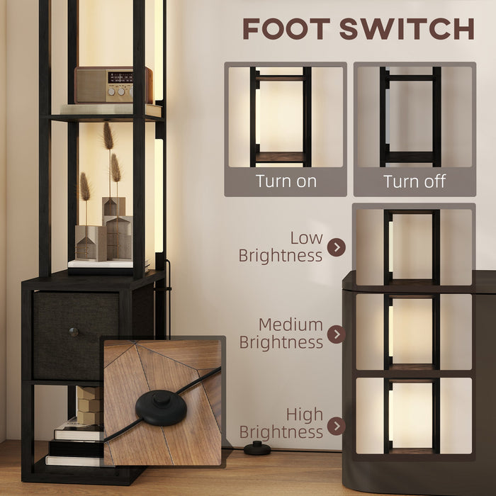 HOMCOM Floor Lamp with Shelves, LED Column Modern Standing Lamp with Fabric Drawer, Adjustable Brightness, Foot Switch for Living Room, Bedroom, Office, Black