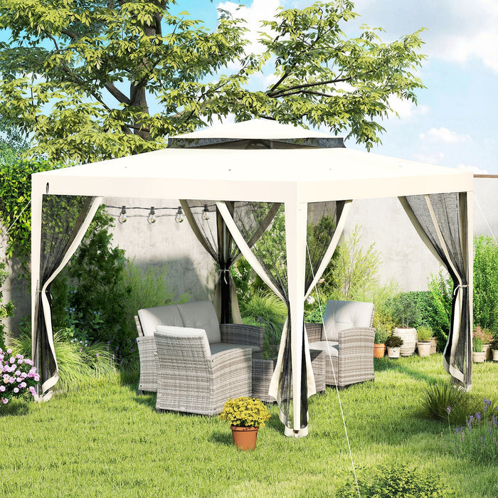 Outsunny 3 x 3 m Gazebo, Netting Party Tent, Patio Canopy Outdoor Event Shelter with Double Tier Roof, Cream White