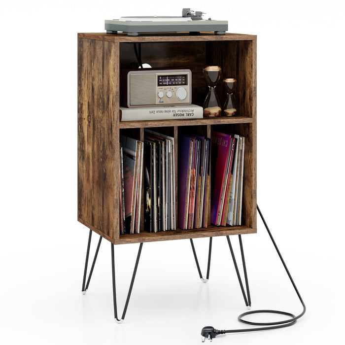 Record Player Stand - 3-Tier, Charging Station Shelf, 4 Dividers, Rustic Brown - Ideal Storage Solution for Vinyl Enthusiasts