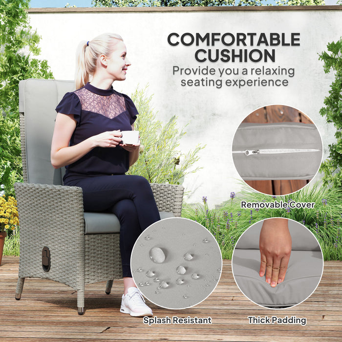 Outsunny Rattan Garden Recliner Chair, Wicker Reclining Armchair with Adjustable Backrest and Cushion, Outdoor Lounge Sun Lounger with Armrests for Patio Balcony Porch, Grey