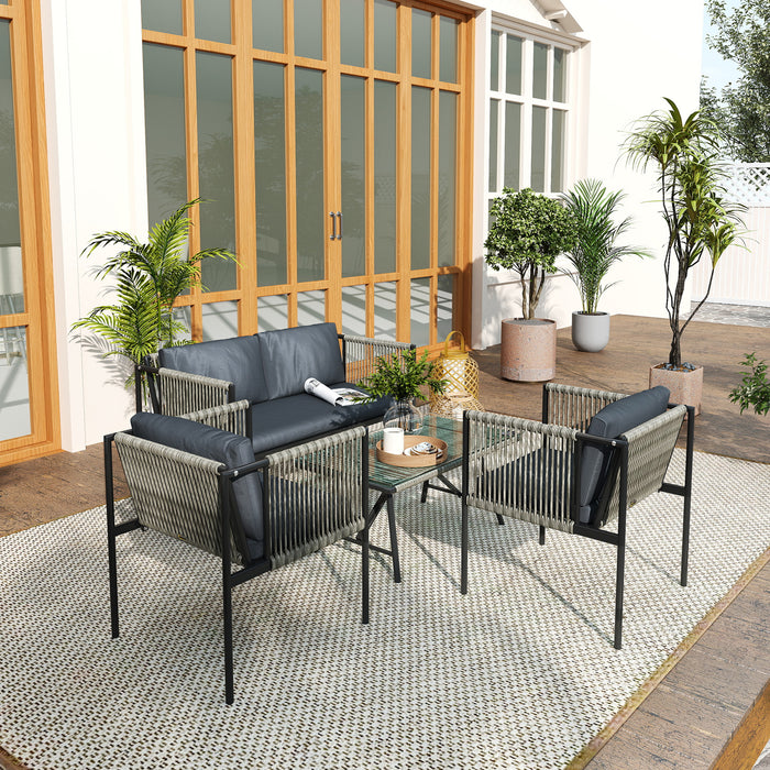 Outsunny 4 Piece Rattan Garden Furniture Set, 4 Seater Wicker Outdoor Furniture Set with 2 Armchairs, Loveseat, Glass Top Coffee Table and Cushions for Balcony, Porch, Grey
