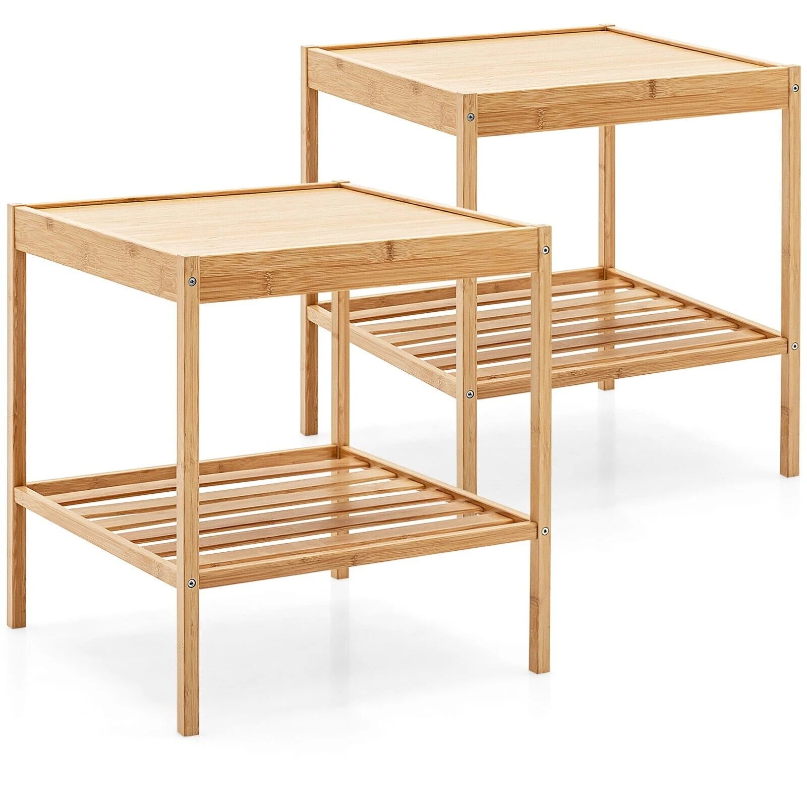2-tier Bamboo Bedside Tables Set of 2 with Storage Shelf-