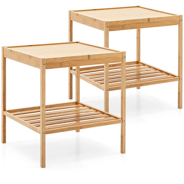 2-tier Bamboo Bedside Tables Set of 2 with Storage Shelf-