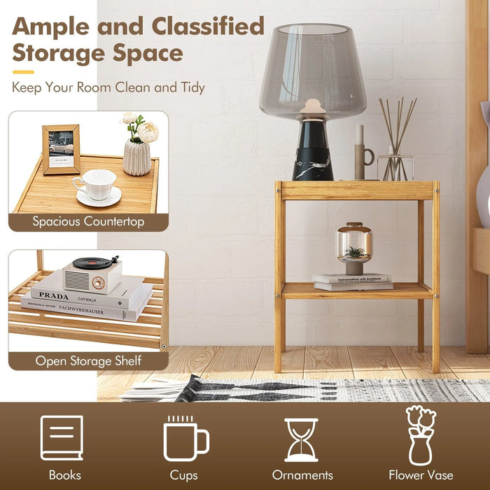 2-tier Bamboo Bedside Tables Set of 2 with Storage Shelf-