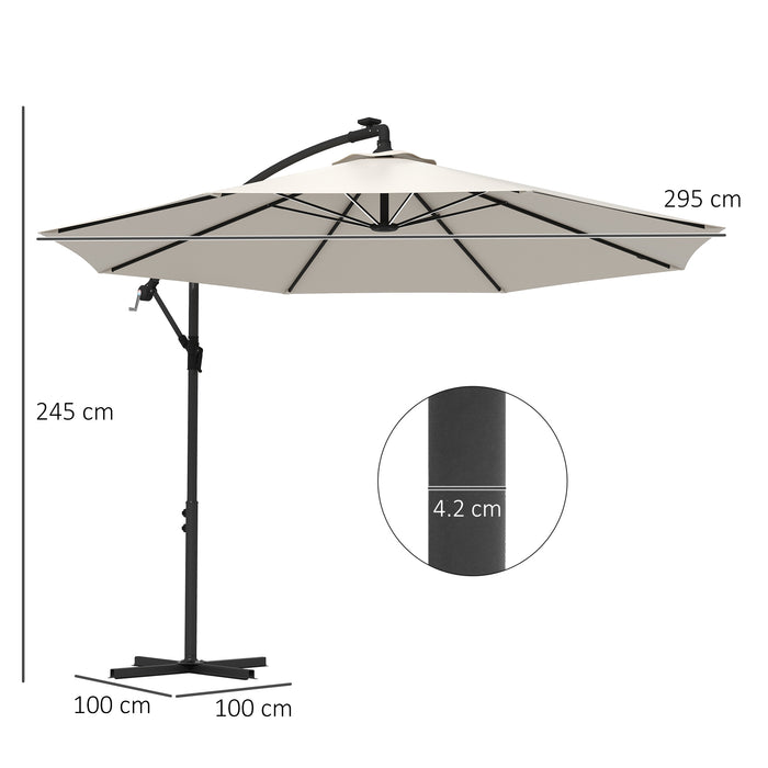 Solar LED Cantilever Parasol - 3m Hanging Garden Umbrella with Cross Base and Crank Handle, Beige Banana Sun Shade - Ideal for Outdoor Patio Use and Nighttime Ambiance