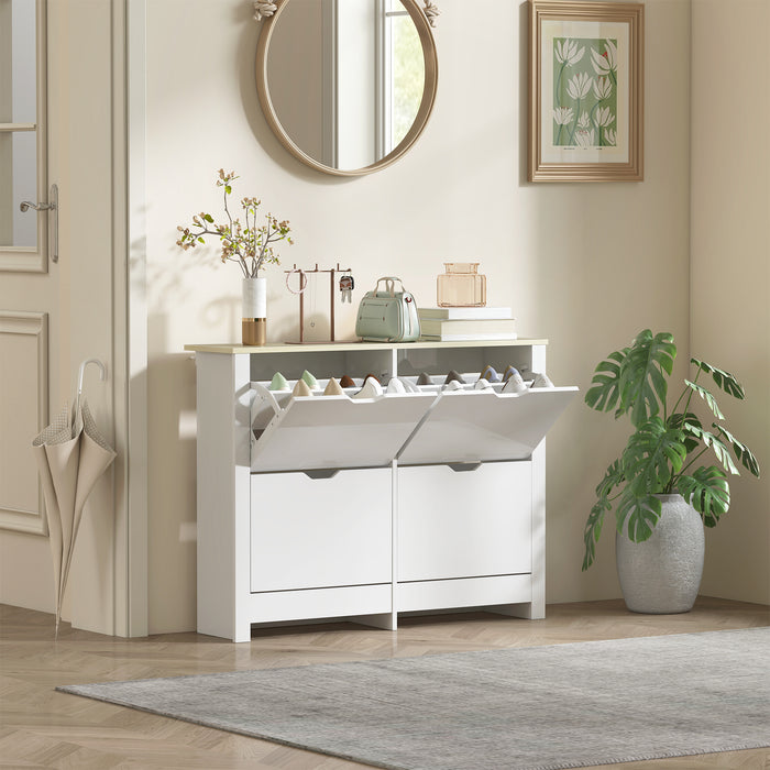 HOMCOM Slim Shoe Cabinet, Narrow Shoe Cupboard with 4 Flip Drawers, Adjustable Shelves for 16 Pairs of Shoes, White