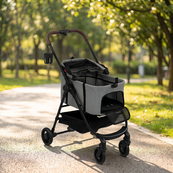 PawHut Dog Stroller, 3 in 1 Foldable Pet Stroller for Small Puppy Cat with Detachable Travel Carrier, Storage Basket, Grey