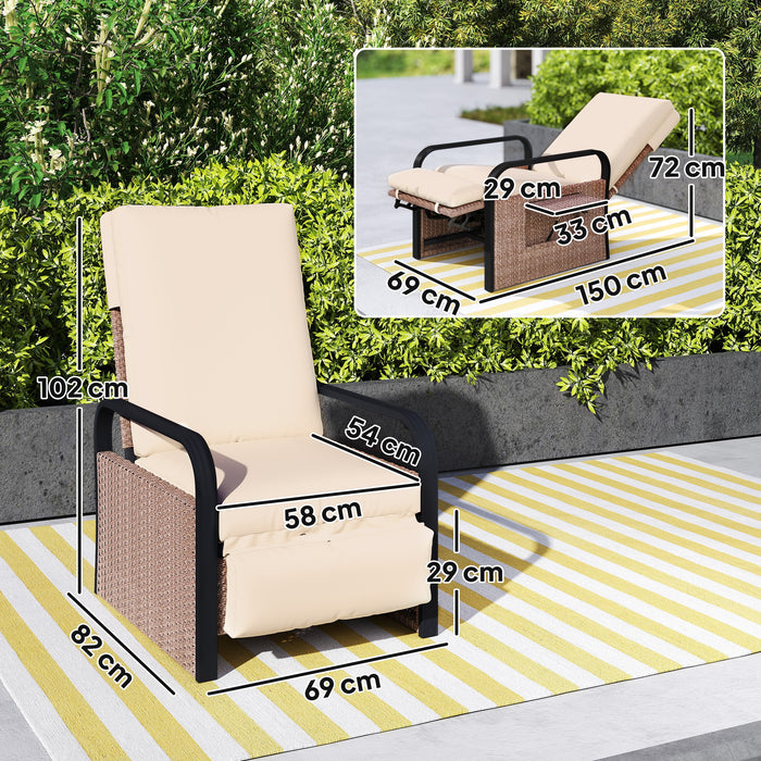 Outsunny Rattan Garden Recliner Chair, Reclining Rattan Chair with Adjustable Backrest and Footrest, Outdoor Lounge Sun Lounger with Cushion, Side Tray and Aluminium Armrests, Brown/Khaki