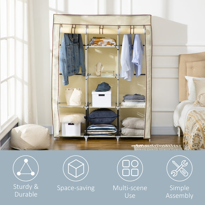 HOMCOM Fabric Wardrobe, Portable Wardrobe, Clothes Storage Unit with 8 Shelves, 2 Hanging Rods, 125 x 43 x 162.5 cm, Cream White