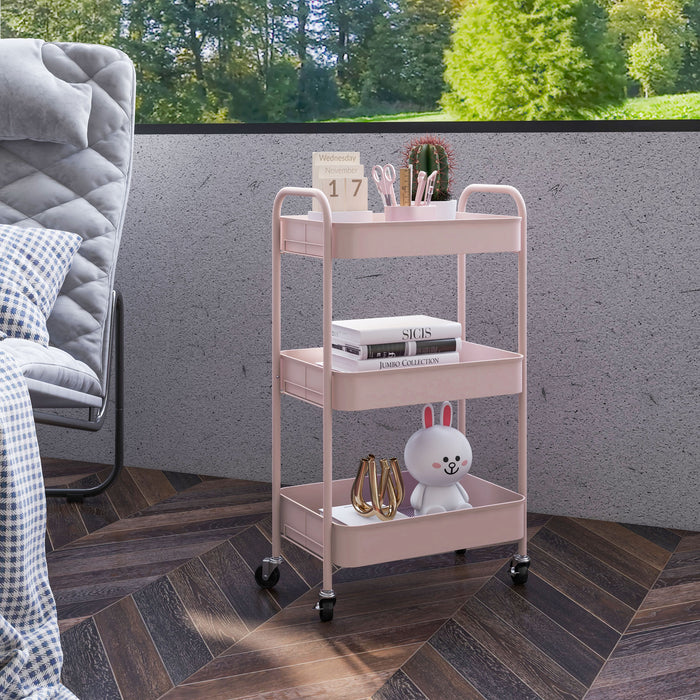 HOMCOM Three-Tier Steel Storage Trolley - Pink | Aosom UK