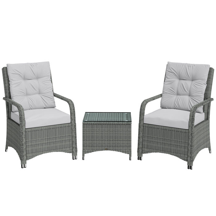 Outsunny 3 Pieces Rattan Bistro Set, Wicker Garden Furniture Set with Metal Frame, Cover, Glass Top Coffee Table, Light Grey
