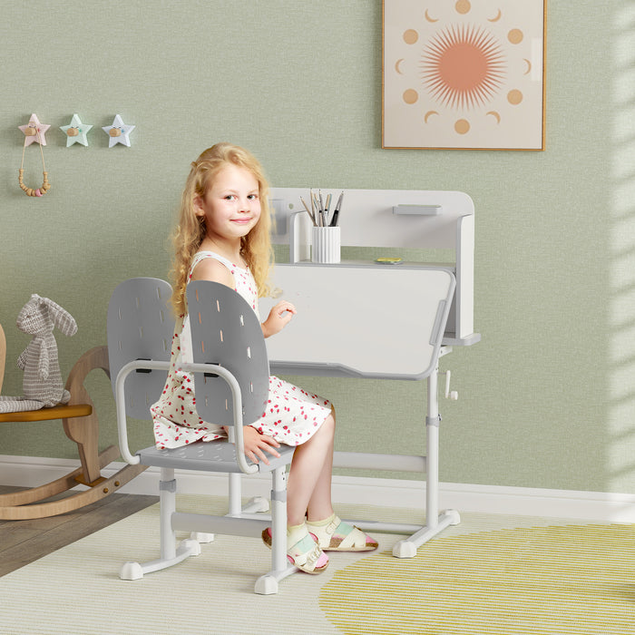 AIYAPLAY Height Adjustable Kids Desk and Chair Set, Children School Study Desk with Tiltable Desktop, Reading Rack, Grey