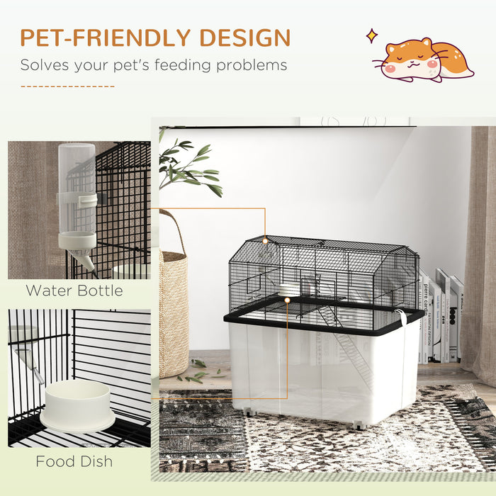 Dual-Level Small Rodent Habitat - Gerbil and Hamster Cage with Exercise Wheels, Extended Base Tray for Bedding - Includes Food Dish and Water Bottle for Pet Comfort and Hygiene