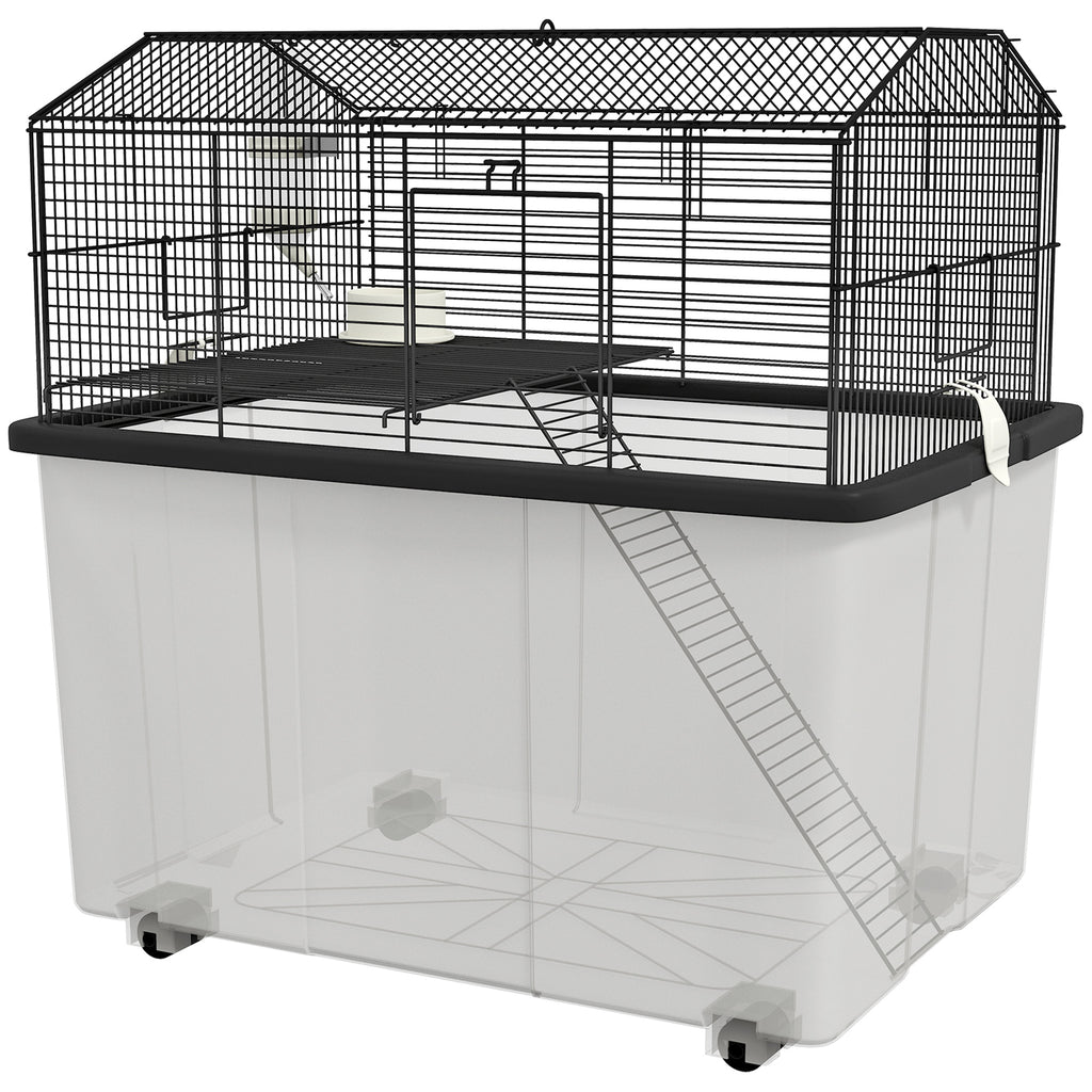 Dual-Level Small Rodent Habitat - Gerbil and Hamster Cage with Exercise Wheels, Extended Base Tray for Bedding - Includes Food Dish and Water Bottle for Pet Comfort and Hygiene