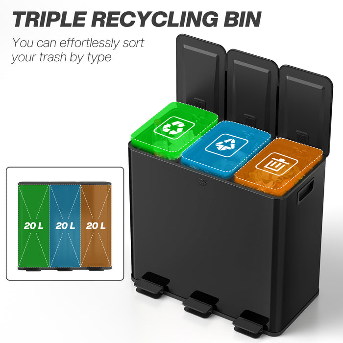 HOMCOM 3 x 20L Pedal Bin, Steel Triple Kitchen Bin with Soft Close Lid, Removable Inner Buckets, Fingerprint-Proof, Black