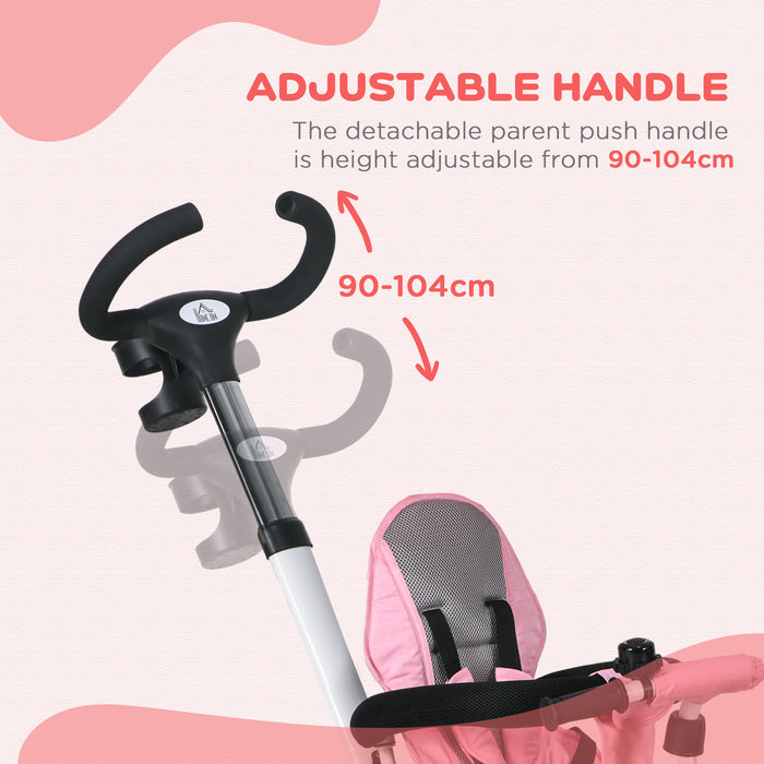 4-in-1 Baby Push Tricycle with Metal Frame and Parent Handle - Versatile Convertible Trike for Kids Aged 1-5 Years, Pink - Ideal for Active Outdoor Play and Development