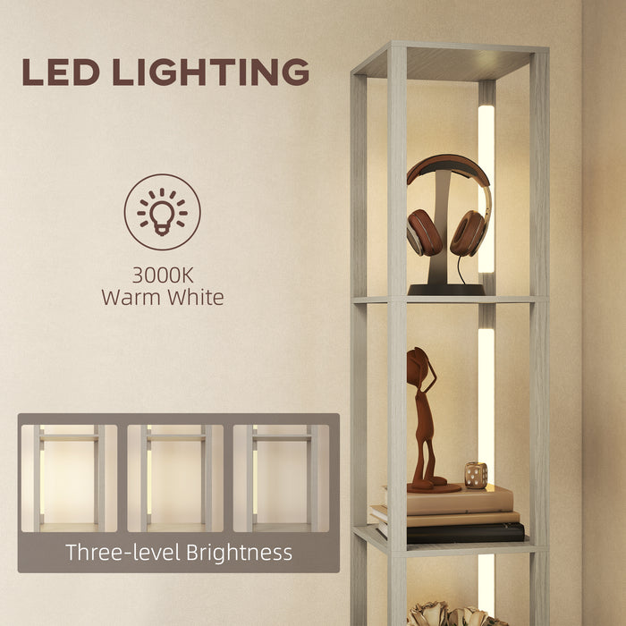 HOMCOM Floor Lamp with Shelves, LED Column Modern Standing Lamp with Fabric Drawer, Adjustable Brightness, Foot Switch for Living Room, Bedroom, Office, Oak