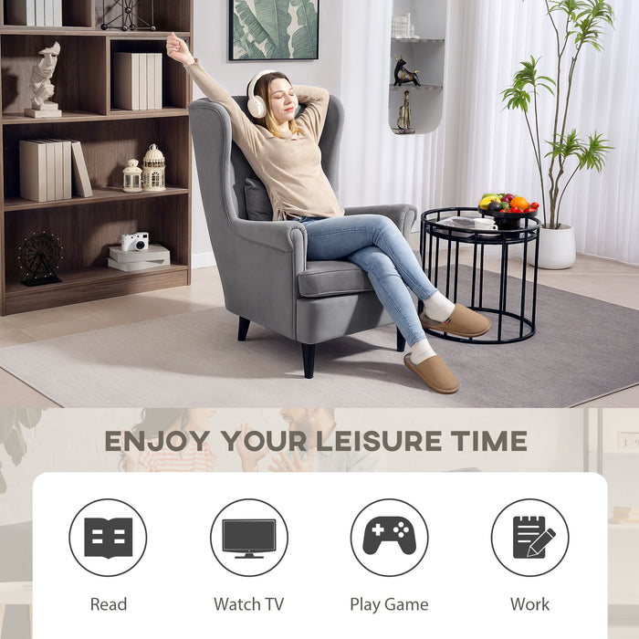 HOMCOM Modern Accent Chair, Upholstered Wingback Armchair with High Backrest and Pillow, Velvet-Feel Fabric Reading Chair with Solid Wood Legs for Living Room, Bedroom, Home Office, Dark Grey