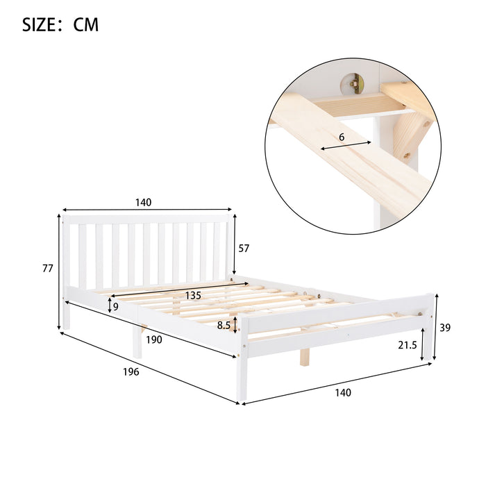 Wooden Double Bed Frame 4ft6 - Easy Assembly & No Box Spring Needed, Headboard & Footboard Included - Ideal Bedroom Furniture for Comfort and Style, 196x140x77 cm, White