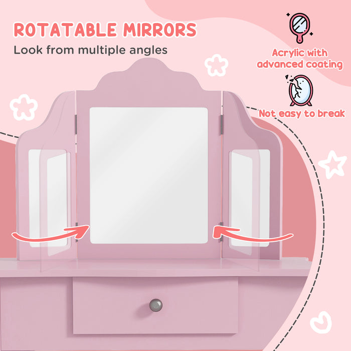 HOMCOM Kids Vanity Table and Chair Set with Tri-Folding Mirror and Stool, Makeup Dressing Table with Drawer, Pink