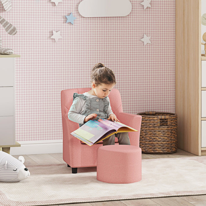 Kids Sofa Set with Footrest - 2-Piece Comfy Playroom and Bedroom Furniture in Pink - Ideal for Children's Relaxation and Seating Needs