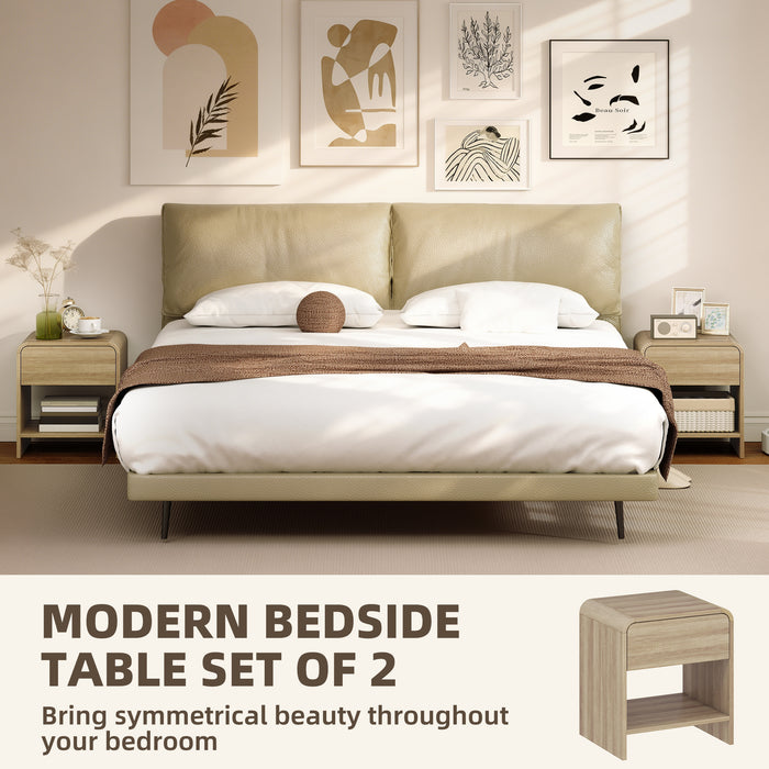 HOMCOM Bedside Tables Set of 2, Nightstands with Rounded Corners, Modern Side Table with Silent Drawer for Bedroom, Natural