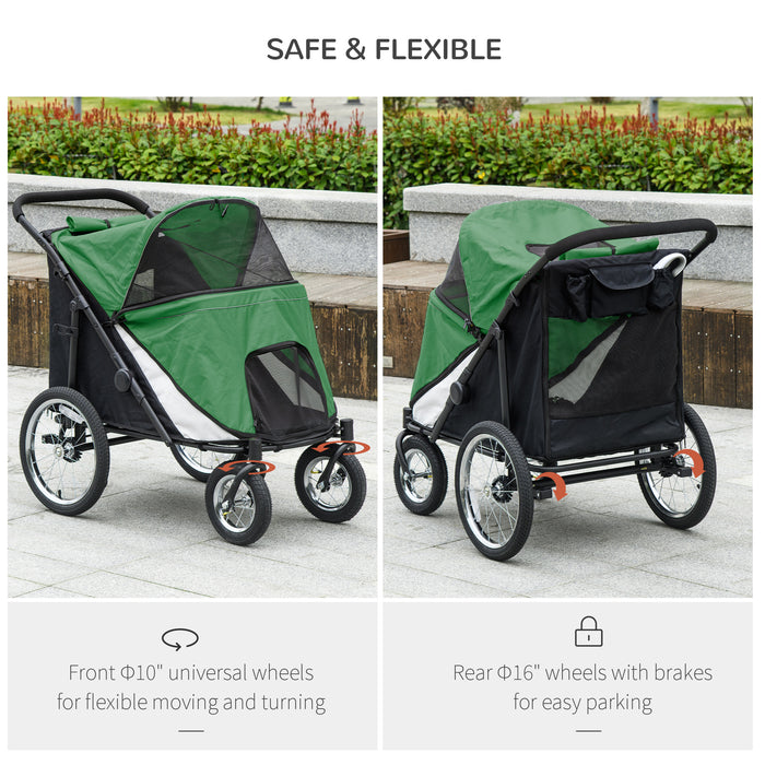 Foldable Animal Carriage with Comfy, Cleanable Padding - Spacious Pet Stroller with Safety Harness & Extra Storage - Ideal for Medium to Large Dog & Cat Excursions in Stylish Dark Green