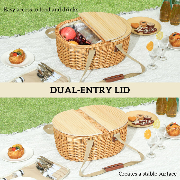 Outsunny Wicker Picnic Basket for 2 with Pine Wood Lid, Picnic Hamper with Cooler Compartment, Cutlery Service Kits, Carry Handle for Camping, Outdoor, Valentine Day, Chirtmas, Birthday, Light Brown