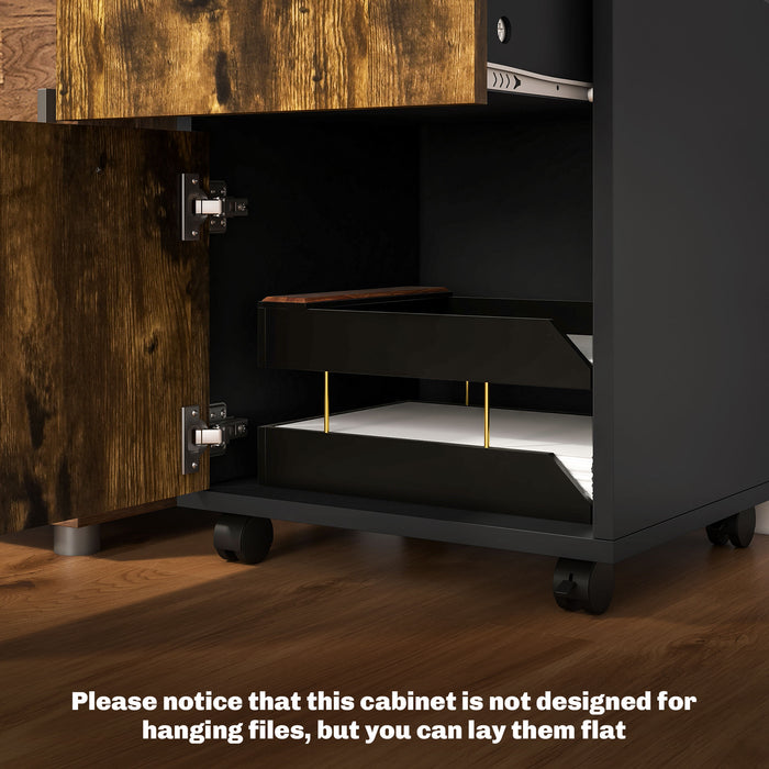HOMCOM 60cm Storage Cabinet with Drawer, Open Shelf, Metal Handles and 4 Wheels, Office Home Organiser Mobile Printer, Rustic Brown