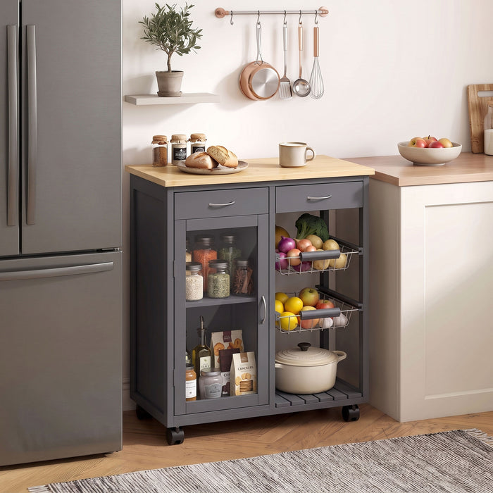 HOMCOM Bamboo Kitchen Island, Rolling Kitchen Trolley with Glass Door, 2 Metal Wire Baskets and Adjustable Shelf, Grey