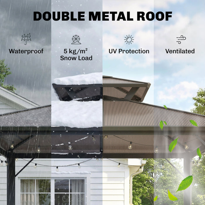 Outsunny 2.5 x 1.5 m Hardtop Grill Gazebo with Double Roof, Aluminium Outdoor BBQ Gazebo Shelter with 2 Side Shelves, Brown