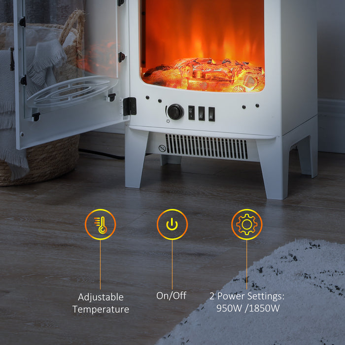 HOMCOM Tempered Glass Casing Electric Fireplace, Freestanding Electric Fire with Realistic Flame Effect, Electric Log Burner with Overheat Protection, 950w/ 1850W, White | Aosom UK