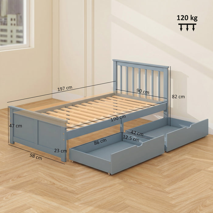 HOMCOM Pine Storage Bed, 3ft Single Solid Wooden Bed Frame with Drawers, Headboard, Wood Slat Support, Grey
