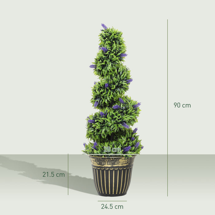 HOMCOM Set of 2 Decorative Artificial Plants, Boxwood Spiral Topiary Tree with Lavender and Pot, Fake Plants for Home Indoor Outdoor Decor, 90cm