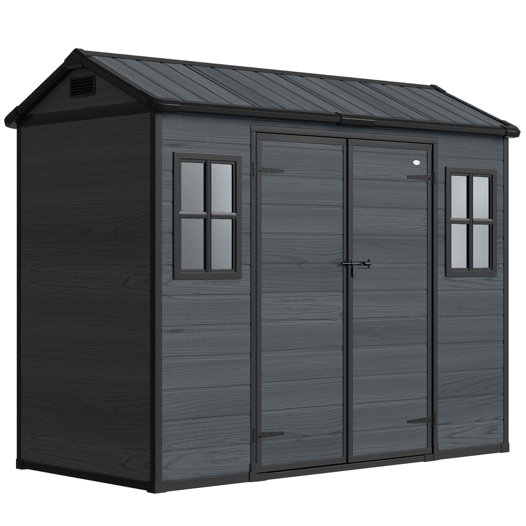 Outsunny 8 x 4 ft Resin Garden Shed, Wood-Effect Outdoor Storage Shed with Floor, Windows, Lockable Doors and Vents, Dark Grey
