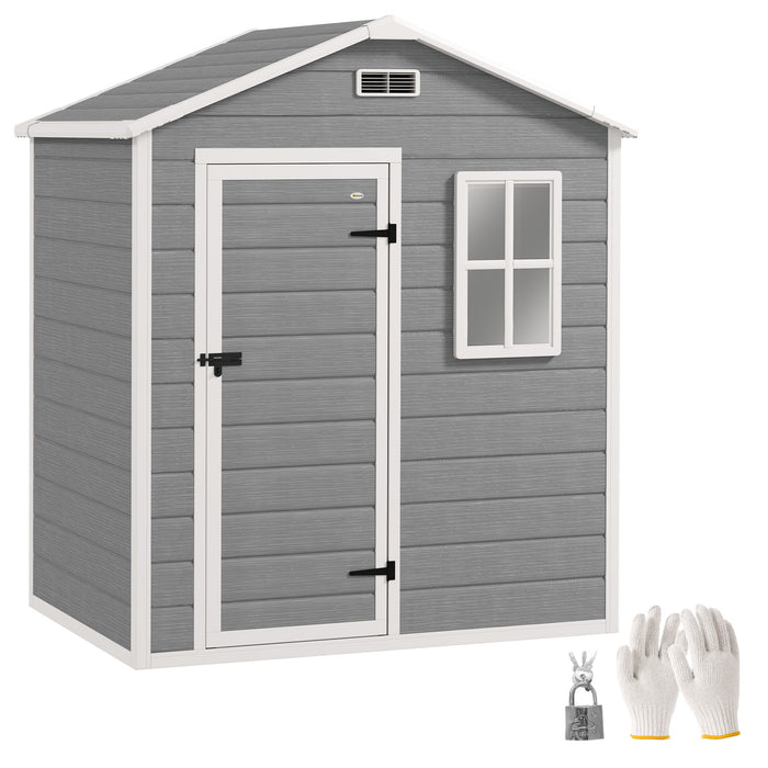 Outsunny 6 x 4ft Garden Shed, Plastic Shed with Floor, Window, Lockable Door and Vents, Wood Effect Resin Tool Shed for Outdoor, Grey
