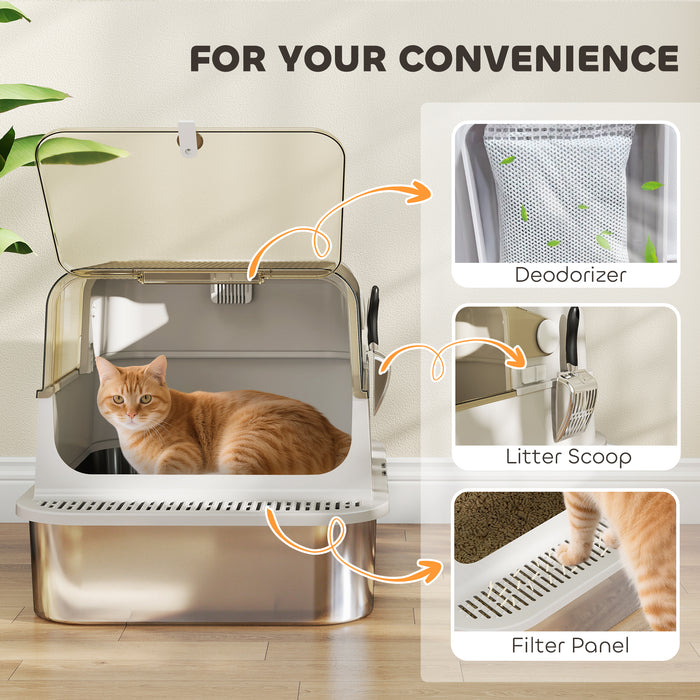 PawHut XXL Stainless Steel Cat Litter Tray, Enclosed Cat Litter Box with 90° Flip Cover, Double Doors, Scoop, Easy Clean, Grey