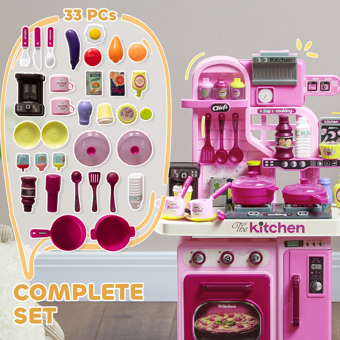AIYAPLAY Kids Kitchen with 33 Piece Accessories, Lights, Sounds, Storage, for Children 3-6 Years, Pink | Aosom UK