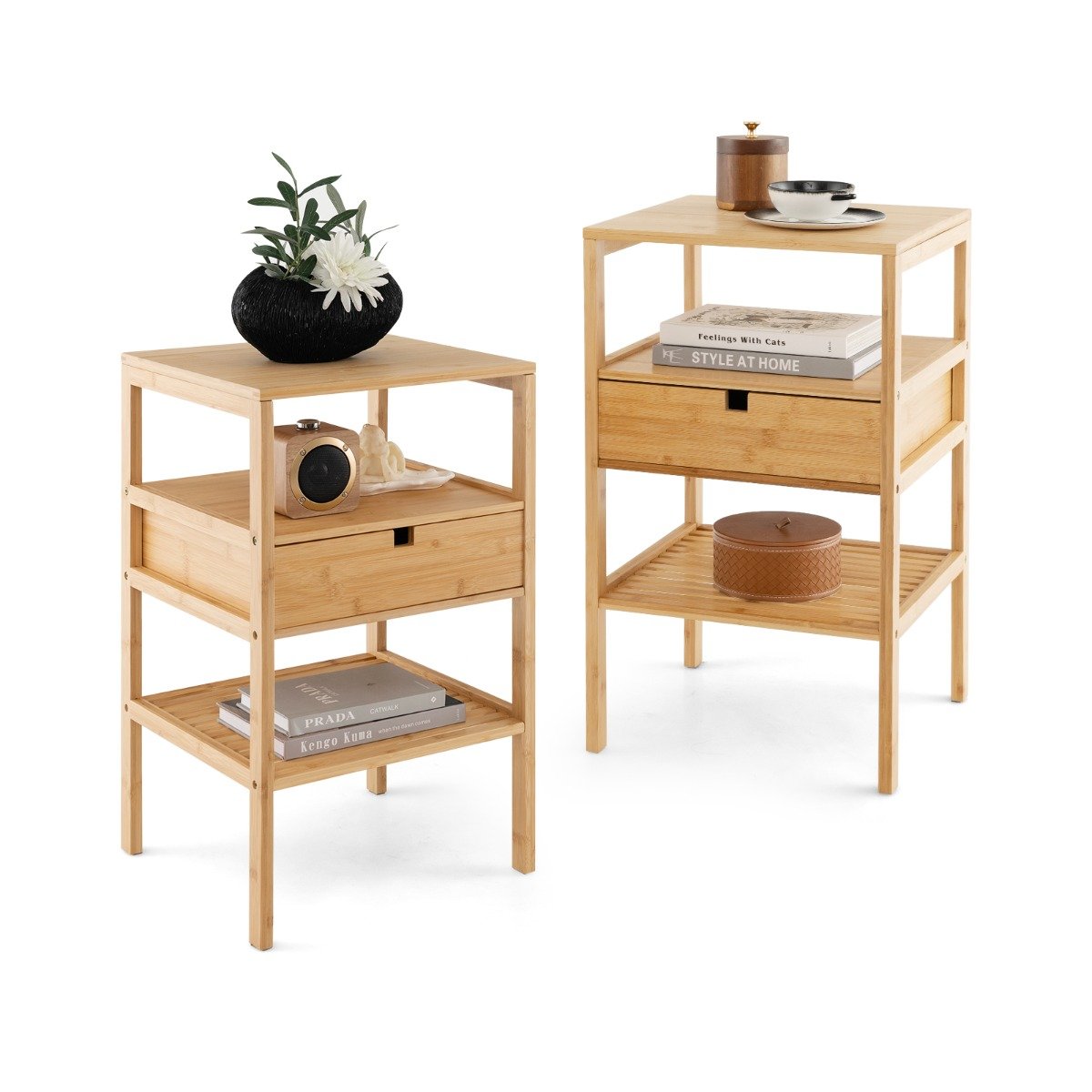 Multipurpose Bamboo Nightstand with Storage Drawer and Slatted Shelf-