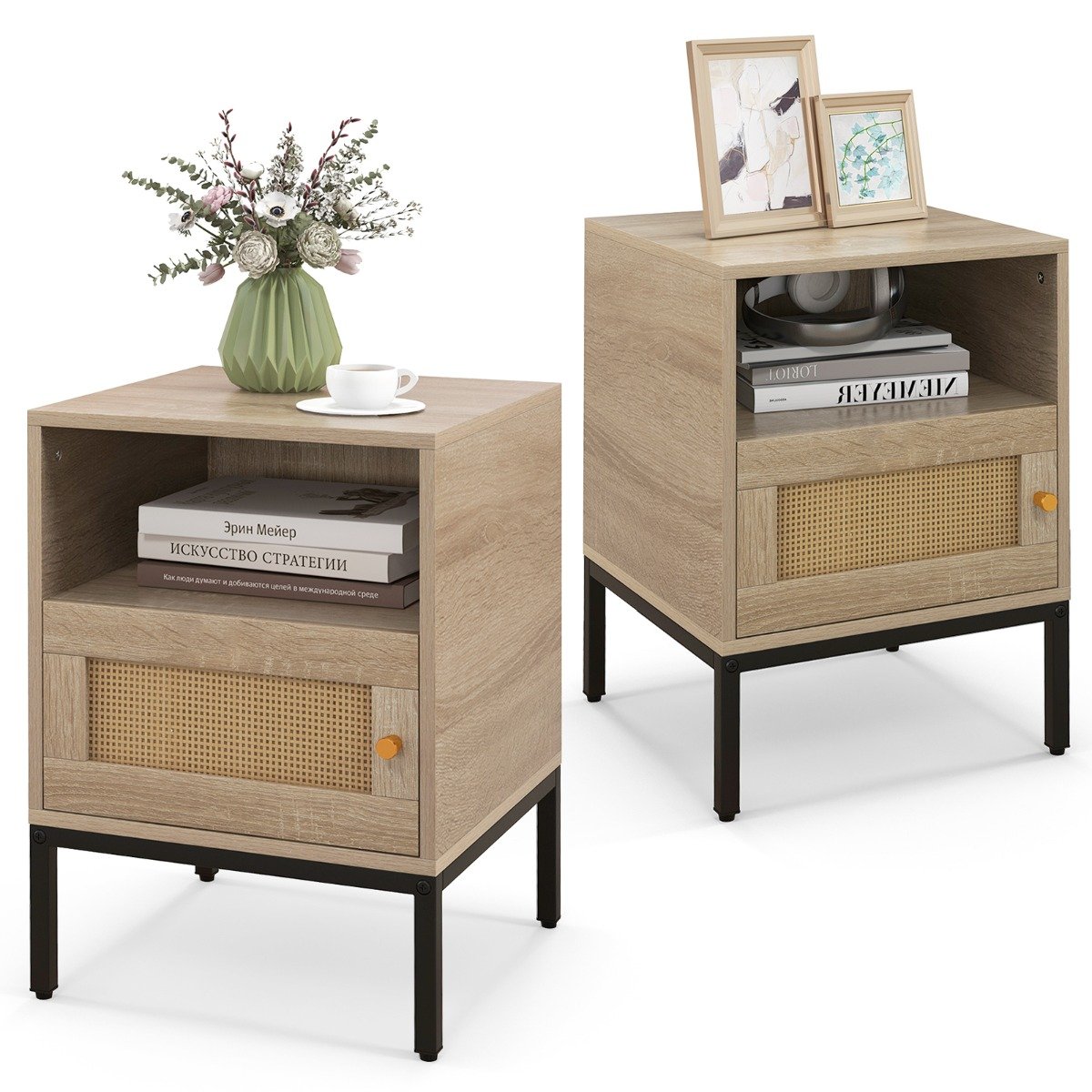 Set of 2 Nightstand with Storage Home Boho Style Accent Side Table-