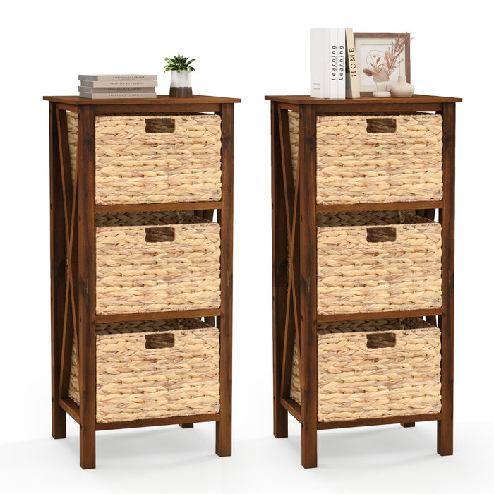 Set of 2 Nightstands Drawer Sofa Side Table with Seagrass Baskets-White-2-Tier
