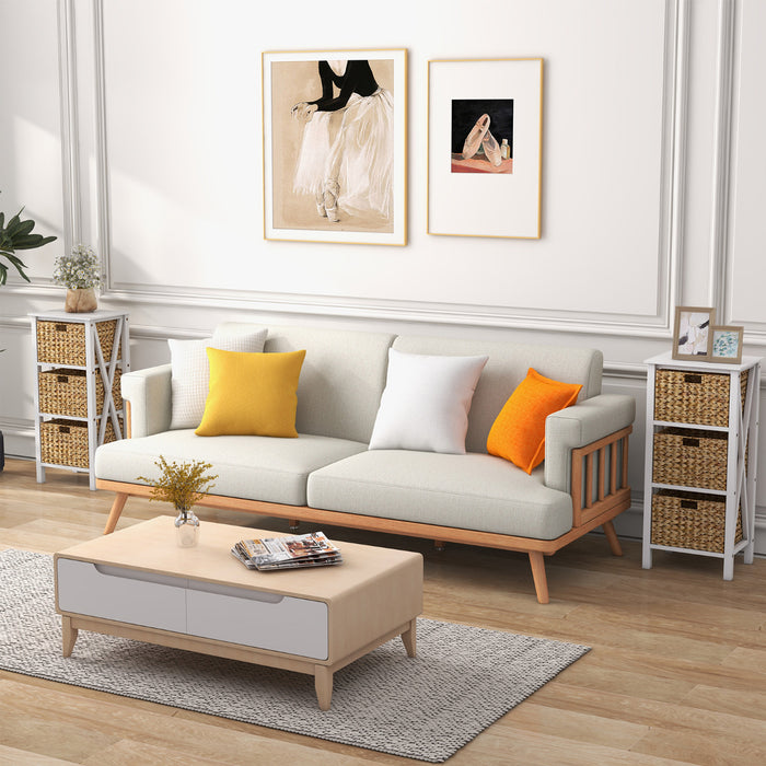 Set of 2 Nightstands Drawer Sofa Side Table with Seagrass Baskets-White-2-Tier