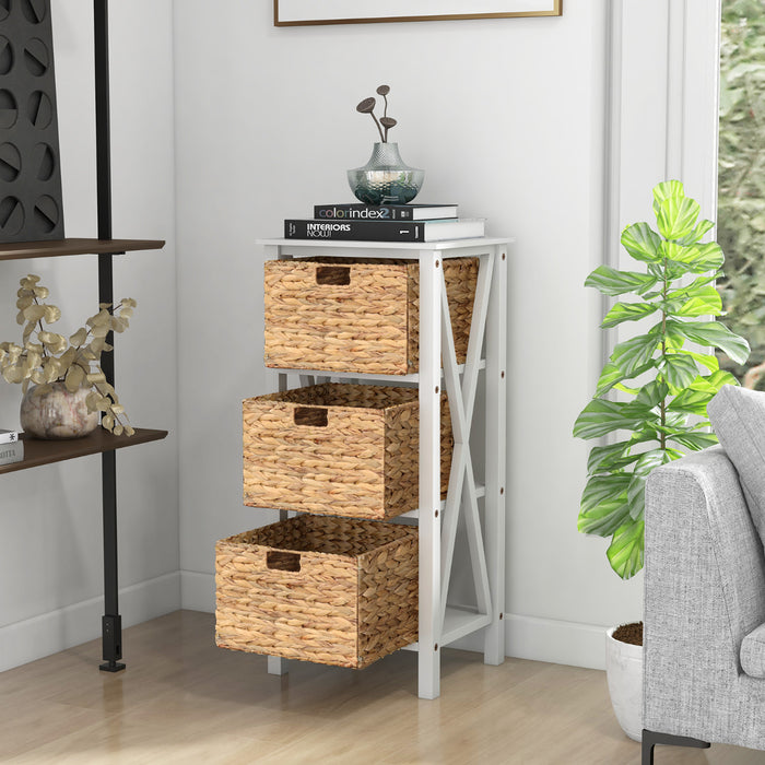 Set of 2 Nightstands Drawer Sofa Side Table with Seagrass Baskets-White-2-Tier