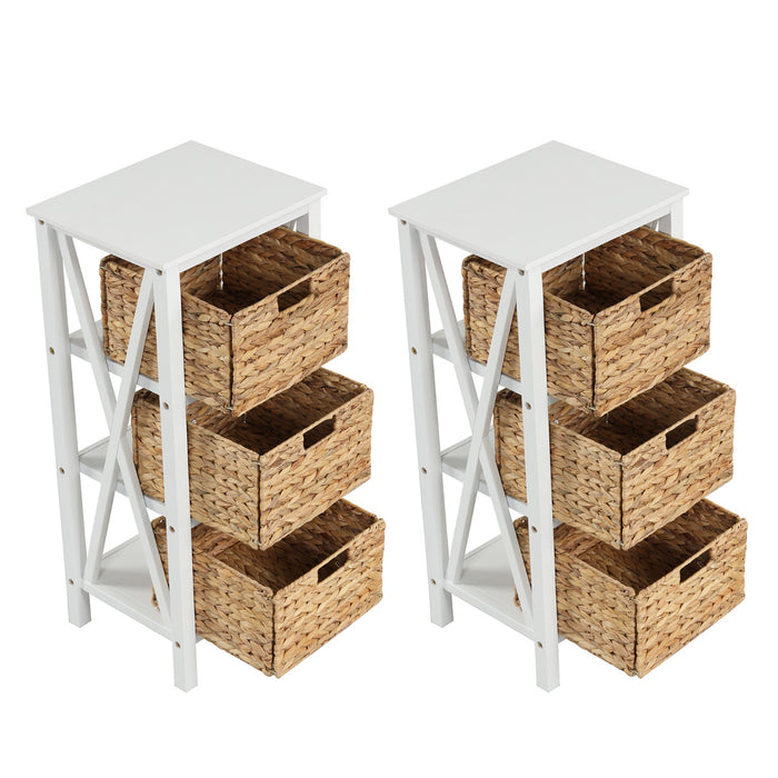 Set of 2 Nightstands Drawer Sofa Side Table with Seagrass Baskets-White-2-Tier