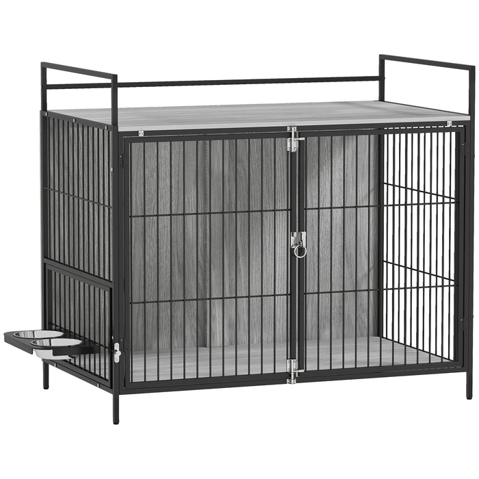 PawHut Large Dog Crate Furniture with Rotating Bowl Holder, 2 Bowls, 2 Doors, for Large Dogs, 100 x 60 x 88 cm, Grey