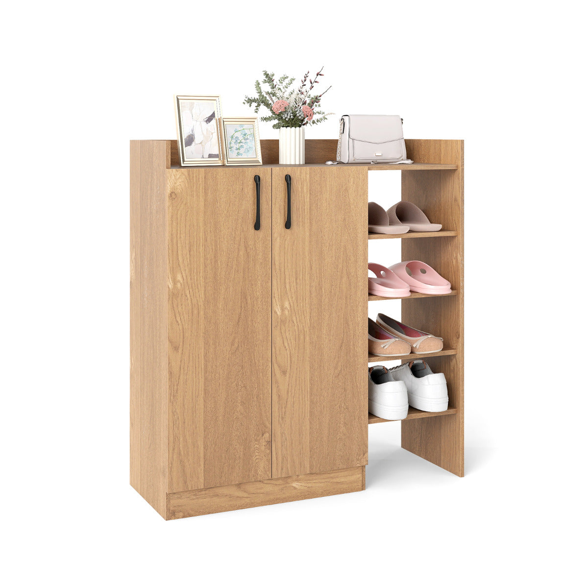 Shoe Storage Organizer with 2 Adjustable Inner Shelves and 4 Open Shel ...